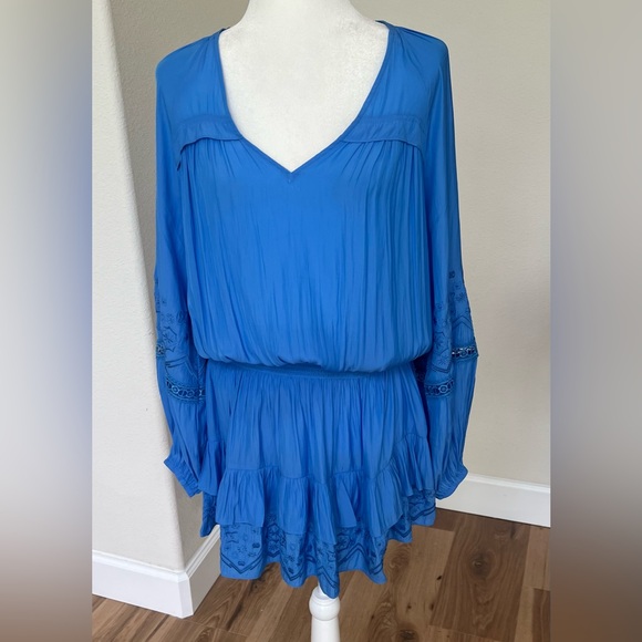 Ramy Brook Sabina Dress Blue Silk Tiered Mini Lace Detail Size M NWT - Picture 4 of 10